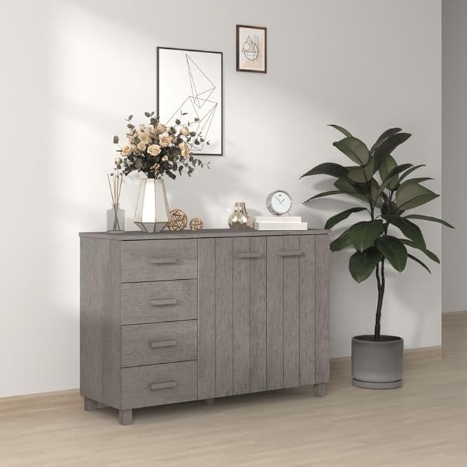 Light Grey Solid Pine Wood Sideboard, 44.5" Modern Buffet Cabinet with 2 Doors and 4 Drawers, Living Room Storage Furniture Kitchen Furnitur