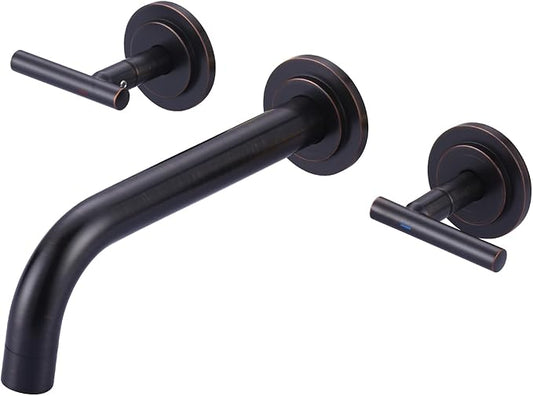 Oil Rubbed Bronze Bathroom Faucet - WOWOW Wall Mount Bathroom Faucet, 2 Handle Vanity Faucet 3 Holes Rough in Brass Valve Included Elegant Spout