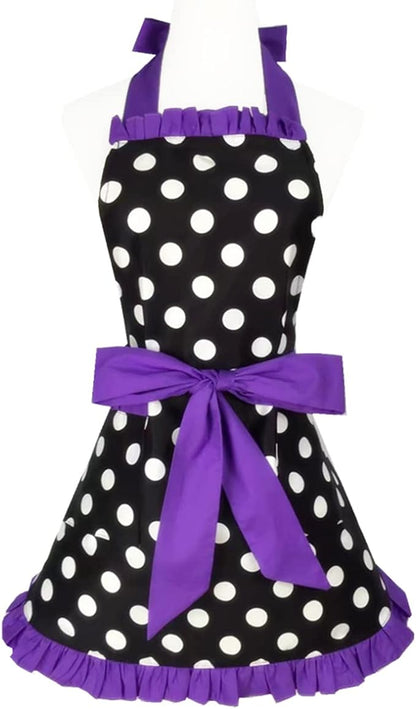 Hyzrz Cute Apron Retro Black Polka Dot Retro Ruffle Side Vintage Cooking Aprons with Pockets for Women Girls (Side Purple)