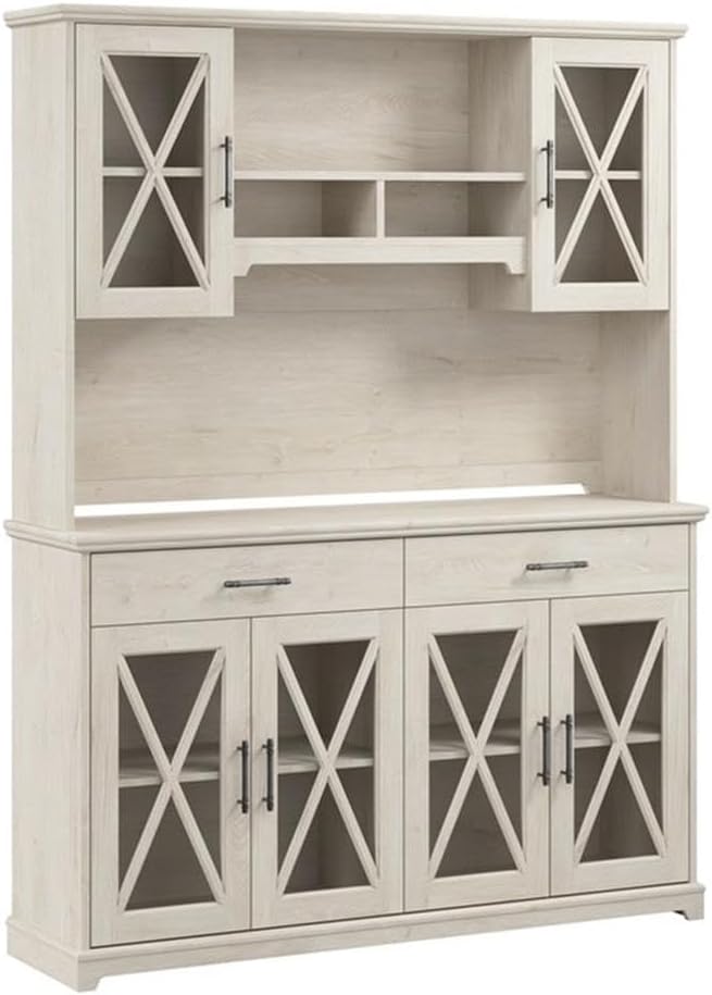 Bush Furniture Lennox 60W Farmhouse Sideboard Buffet Cabinet with Hutch in Linen White Oak | Storage Credenza for Dining Room or Kitchen Area