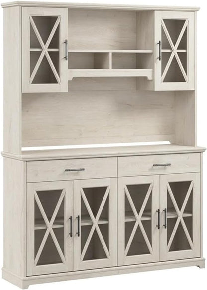 Bush Furniture Lennox 60W Farmhouse Sideboard Buffet Cabinet with Hutch in Linen White Oak | Storage Credenza for Dining Room or Kitchen Area