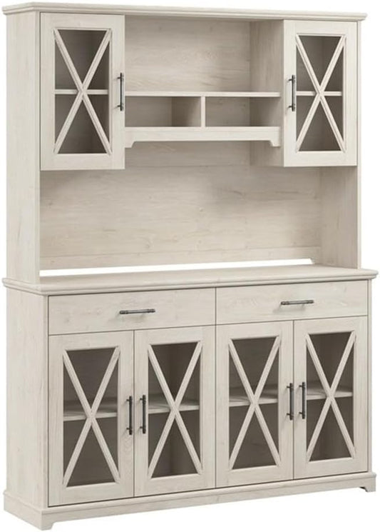 Bush Furniture Lennox 60W Farmhouse Sideboard Buffet Cabinet with Hutch in Linen White Oak | Storage Credenza for Dining Room or Kitchen Area