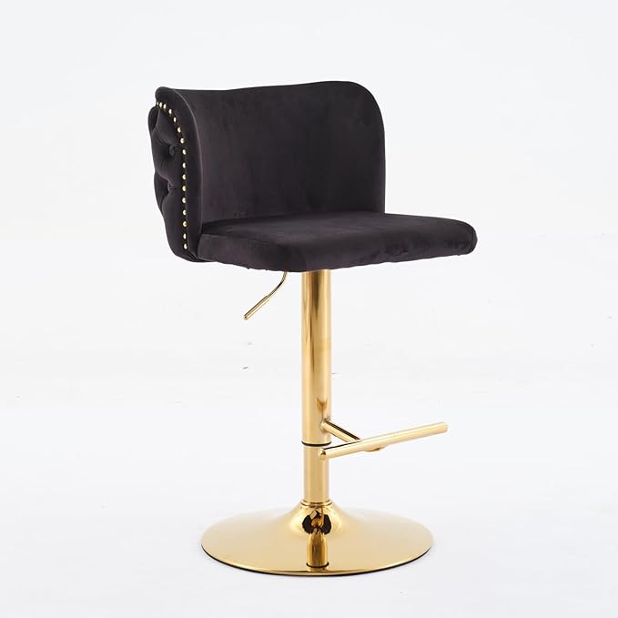 Furniture,Swivel Adjusatble Seat Height with Gold Plating Base, Classic Velvet Upholstered Bar Stools with The Whole Back Tufted, for Home Pub and Kitchen Island,Black,Set of 2