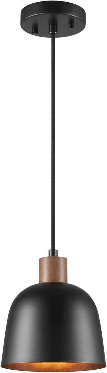 Globe Electric 67000193 1-Light Pendant Lighting, Matte Black, Wood-Toned Accent on Socket, 5ft Black Fabric Cord, Home Improvement, Kitchen, Living Room, Hanging Ceiling Light