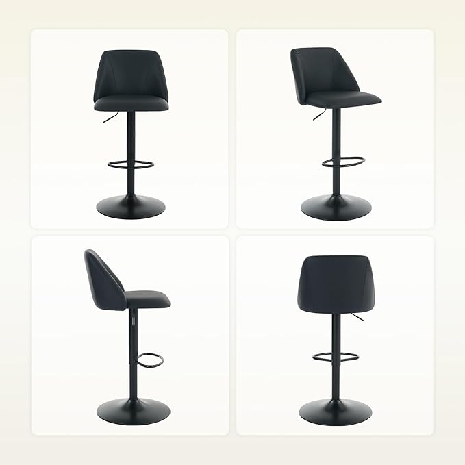 COLAMY Bar Stools Set of 1, Modern Swivel Bar Chairs, Adjustable PU Leather Upholstered Barstools Counter Height with Square Open Back for Bar, Kitchen Island, Dining Room, Black