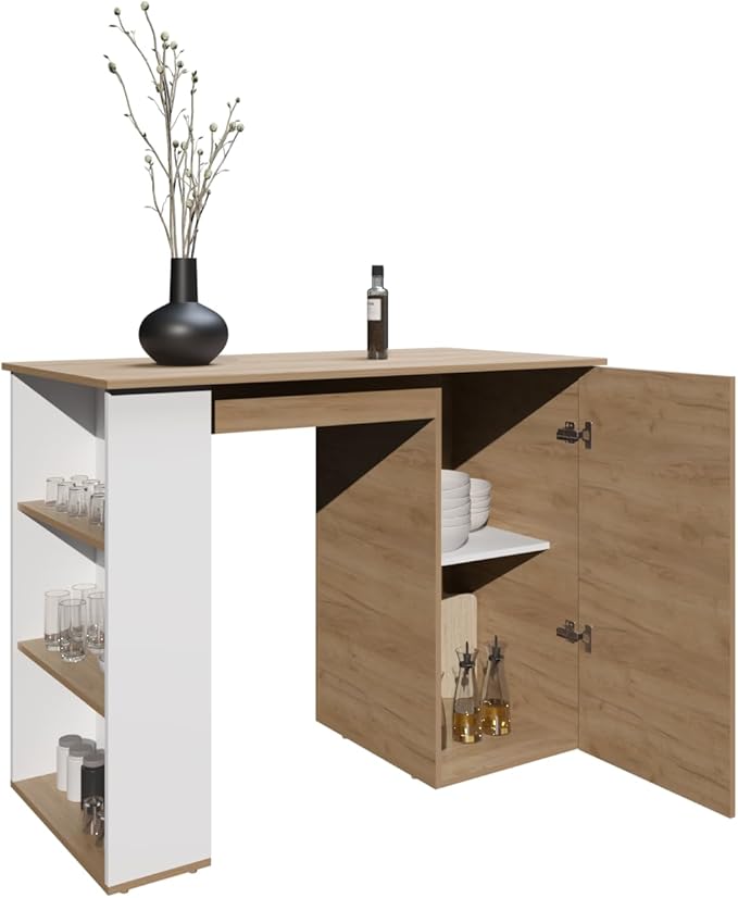 GOWE Allen 47" Wide Kitchen Island One Cabinet and Five Shelves, Bar Table, Dinning Table. Pub Table White- Natural Oak