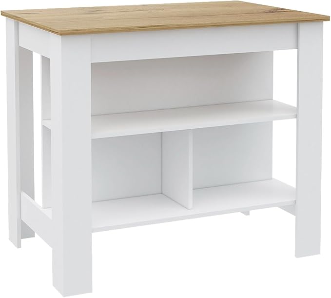 Kitchen Island Kitchen Table 35" H Four Legs with 3 Open Storage Shelves Wide Top for Meal Prep Spacious Leg Room Practical(Natural White)
