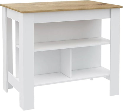 Kitchen Island Kitchen Table 35" H Four Legs with 3 Open Storage Shelves Wide Top for Meal Prep Spacious Leg Room Practical(Natural White)