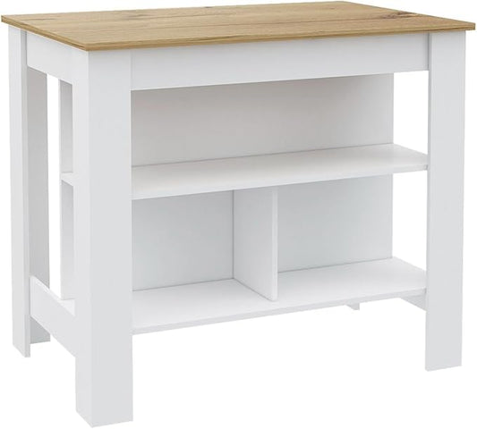 Kitchen Island Kitchen Table 35" H Four Legs with 3 Open Storage Shelves Wide Top for Meal Prep Spacious Leg Room Practical(Natural White)