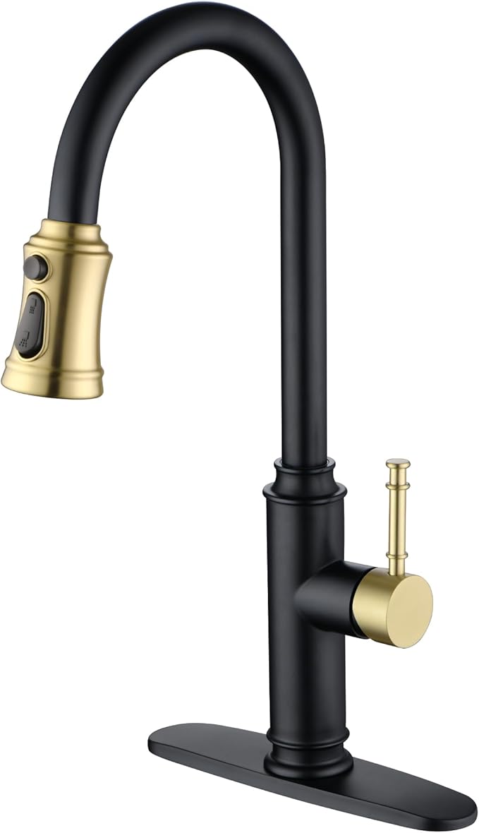 SUMERAIN Kitchen Faucet with Pull Down Sprayer and 10" Deck Plate, Black&Gold Commercial Stainless Steel Single Handle