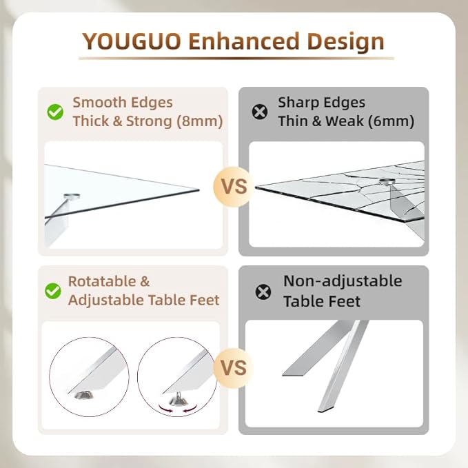 51.18" Rectangular Glass Dining Table, Tempered Glass Small Kitchen Table with Metal Tubular Legs, Stylish and Sturdy Silver Dinner Table for Home and Outdoor