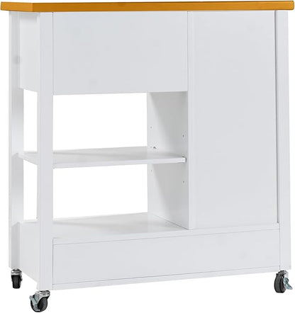 American White Oak Dining Car Table – Kitchen Island Cart with Walnut Top, Rolling Storage Cabinet with Drawers and Shelves, White Sideboard Buffet with Glass Door, Towel Bar & Locking Wheels