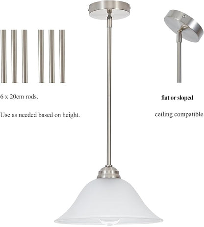 Modern Alabaster Glass Pendant Light Adjustable Rod Pendant Lighting Fixture for Kitchen Sink Bar Dining Room, 12“D (Brushed Nickel)