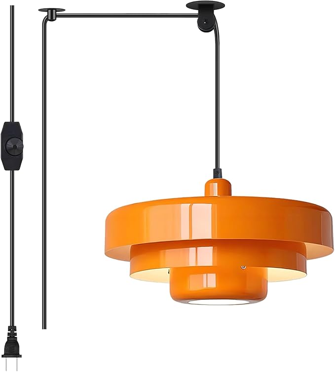 FCTWAKS Plug in Pendant Light, Mid Century Orange Hanging Lights with Plug in Cord, 3-Layer Metal Shade, Adjustable Pulley, Dimmable, Vintage Hanging Lamp for Bedroom, Kitchen Island, Dining Room