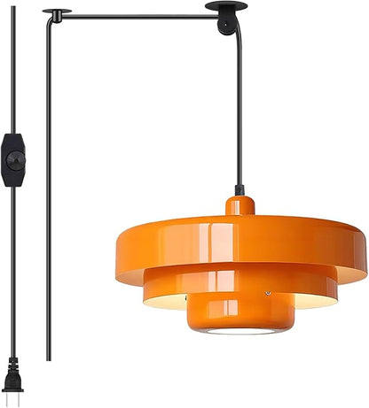 FCTWAKS Plug in Pendant Light, Mid Century Orange Hanging Lights with Plug in Cord, 3-Layer Metal Shade, Adjustable Pulley, Dimmable, Vintage Hanging Lamp for Bedroom, Kitchen Island, Dining Room