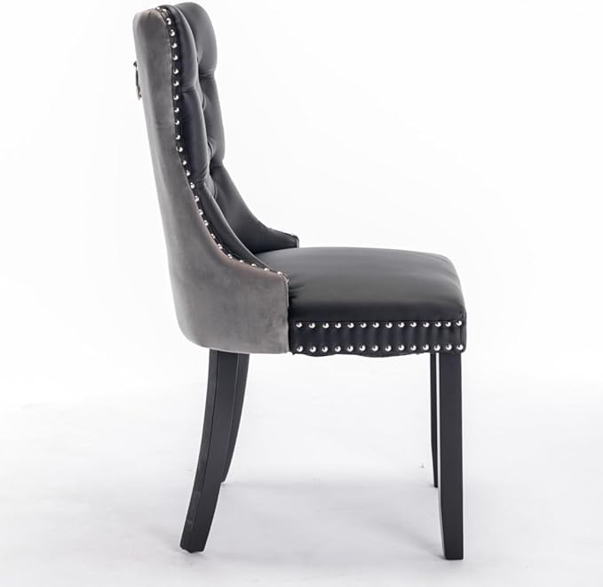 Dining Chairs Set of 2, PU Leather Upholstered Dining Room Side Chairs with Button Tufted Back, Nailhead Trim & Wooden Legs, Modern Counter Height Bar Stools for Home Kitchen Island, Black+Gray