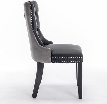 Dining Chairs Set of 2, PU Leather Upholstered Dining Room Side Chairs with Button Tufted Back, Nailhead Trim & Wooden Legs, Modern Counter Height Bar Stools for Home Kitchen Island, Black+Gray
