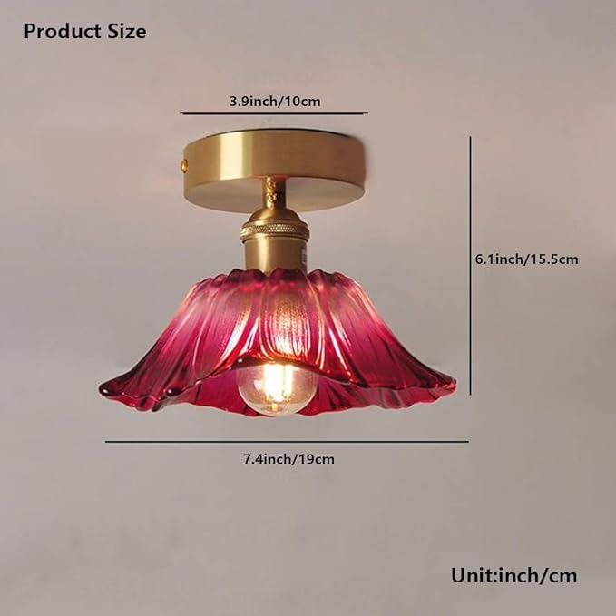 Glass Flower Ceiling Light Purple Red Hallway Light Fixtures Vintage Gold Floral Glass Semi Flush Mount Ceiling Light Farmhouse Close to Ceiling Light for Entryway Porch Bathroom Balcony