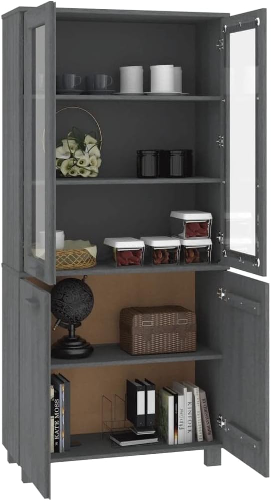 Dark Grey Solid Pine Wood Highboard Set of 2, Rustic MDF Glass Buffet Cabinet with Storage, 13.8x33.5x70.9 in, for Living Room, Hallway, Kitchen Island