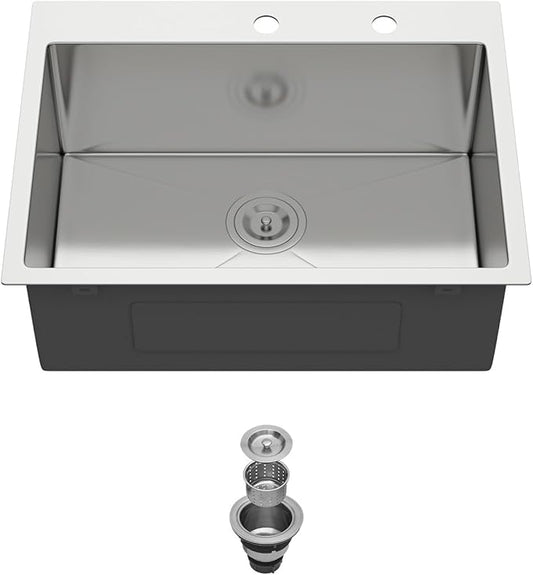 24 Inch Drop In Kitchen Sink- Top Mount Sink 24x18 Inch 9" Deep 304 Stainless Steel Sinks 16 Gauge Countertop Single Bowl Kitchen Sinks With Assembly
