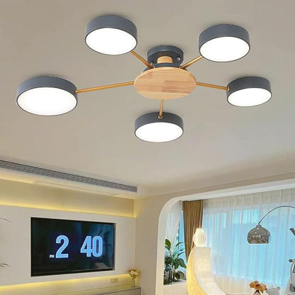 5-Lights LED Ceiling Light Fixture,32 Inch Modern Ceiling Lights Flush Mount Wooden 40W Dimmable Chandelier for Living Room Bedroom Kitchen,3000K/4000K/6000K Temperatures Selectable Grey