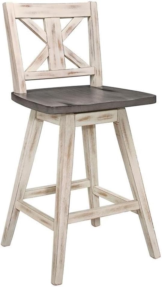 Lexicon Counter Height Stools Set of 2-Solid Wood Frame 360° Swivel Wooden Stools, Foot Rest, X Back, Wide Seat, Distressed Farmhouse Easy to Clean Finish, 24" SH, Antique White/Grey