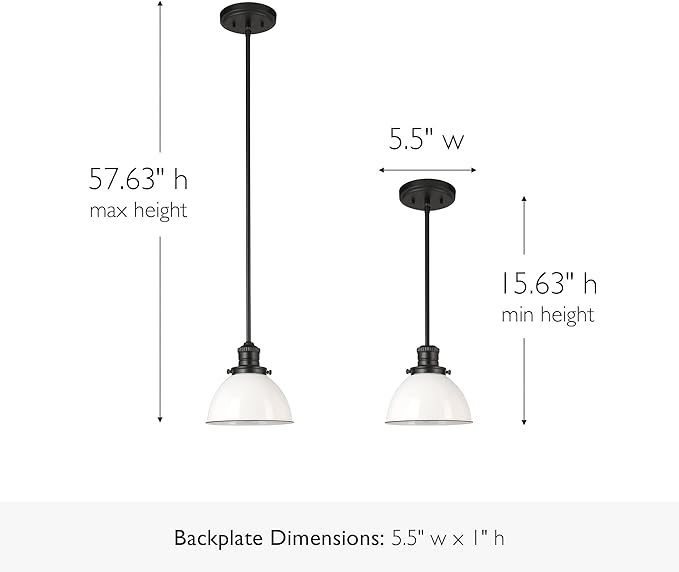 Design House Savannah Rustic Farmhouse Pendant Light, Dimmable, Matte Black, White Metal Shade, 8 in x 8 in x 57.63 in, 588327