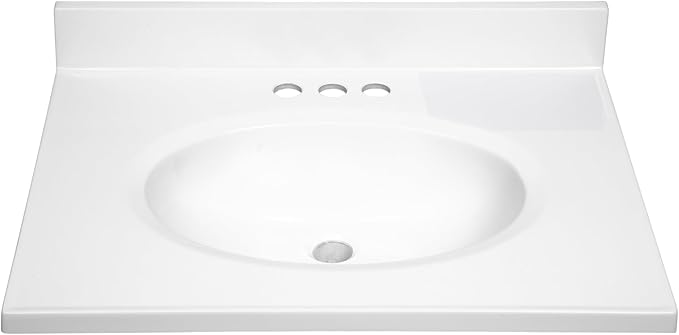 Design House Vanity Top With Sink, 4-Inch Backsplash, Cultured Marble, Stain-Resistant, Pre-Drilled Centerset Holes, White, 25 in W x 19 in D x 10.4 in H, 586180