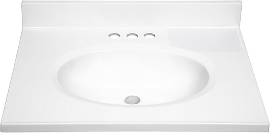 Design House Vanity Top With Sink, 4-Inch Backsplash, Cultured Marble, Stain-Resistant, Pre-Drilled Centerset Holes, White, 25 in W x 19 in D x 10.4 in H, 586180