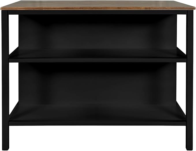 Solid Wood Rustic 3-Piece 45" Kitchen Island Set with 2 Seatings, Butcher Block Dining Table with 2 Stools Prep Table Set with 2 Open Shelves Dining Room Table Set for Bar, Living Room, Walnut+Black