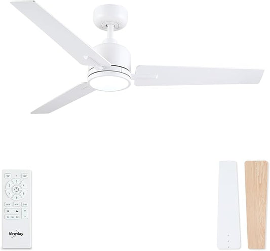 52 Inch White Ceiling Fan with Lights and Remote, Modern DC Motor Ceiling Fan with 3 Reversible White/Natural Wood Blades, 3CCT Dimmable LED, 6 Speeds, Quiet Fan for Nursery, Bedroom, Patio