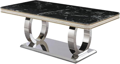 Modern Rectangular Dining Table for 6-8, Luxury Sintered Stone Kitchen Table with Heavy-Duty Double Circle Stainless Steel Base, Heat-Resistant Furniture for Dining Room (Table)