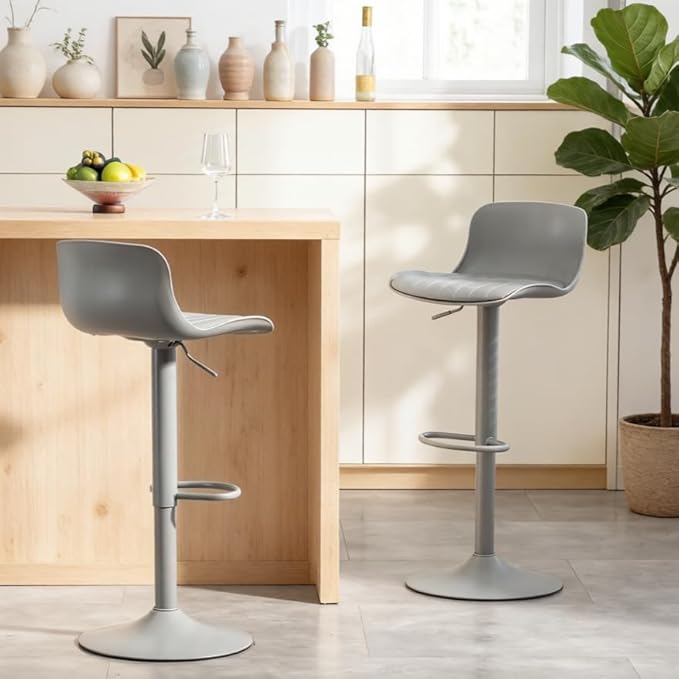 Bar Stools Set of 2 with Backrest, Adjustable Height Upholstered Barstools, Swivel Leather Island Chairs, Modern Armless Stools for Bar, Kitchen Island, Dining Room (Gray)