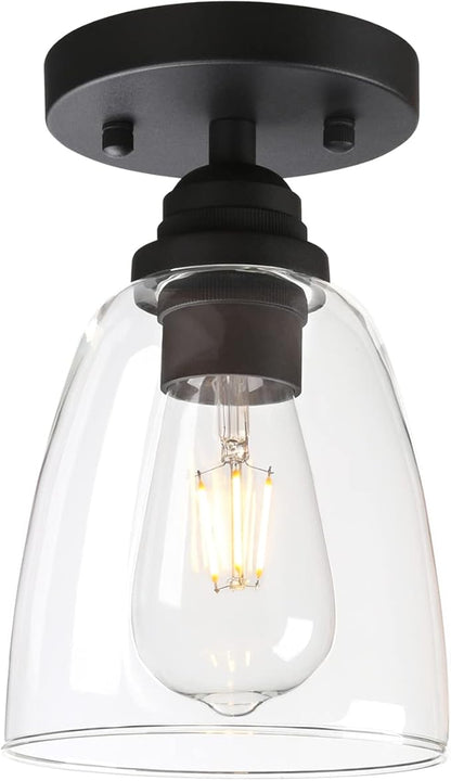 Yosoan Retro Semi Flush Mount Ceiling Light, 1-Light Vintage Industrial Hardwired 5.51'' Oval Cone Glass Shade for Kitchen Bathroom Cafe Corridor Hallway Entryway Passway (Black)