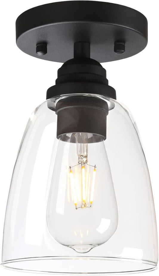 Yosoan Retro Semi Flush Mount Ceiling Light, 1-Light Vintage Industrial Hardwired 5.51'' Oval Cone Glass Shade for Kitchen Bathroom Cafe Corridor Hallway Entryway Passway (Black)