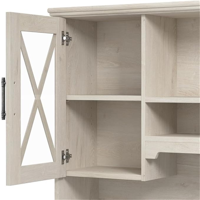 Bush Furniture Lennox 60W Farmhouse Sideboard Buffet Cabinet with Hutch in Linen White Oak | Storage Credenza for Dining Room or Kitchen Area