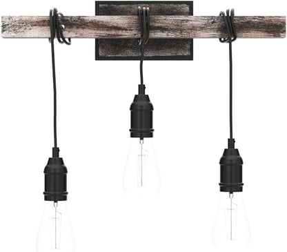 3 Lights Vintage Wall Sconce, Farmhouse Industrial Bare Bulb Wire Wrapped Wood Beam Linear Bathroom Vanity Light