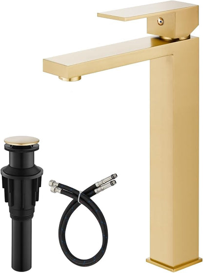 gotonovo Vessel Sink Faucet Single Handle Tall Bathroom Faucet One Hole Modern Lavatory Vanity Basin Mixer Tap Matching Supply Hoses and Pop up Drain Without Overflow, Brushed Gold