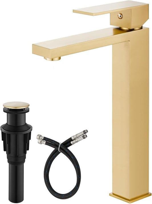 gotonovo Vessel Sink Faucet Single Handle Tall Bathroom Faucet One Hole Modern Lavatory Vanity Basin Mixer Tap Matching Supply Hoses and Pop up Drain Without Overflow, Brushed Gold