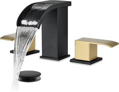 gotonovo Waterfall 8 inch Widespread Bathroom Faucet Set Bathroom Sink Faucet 3 Hole 2 Handle Vanity Lavatory Deck Mount with Pop Up Drain and Water Supply Lines Square Body Brushed Gold and Black