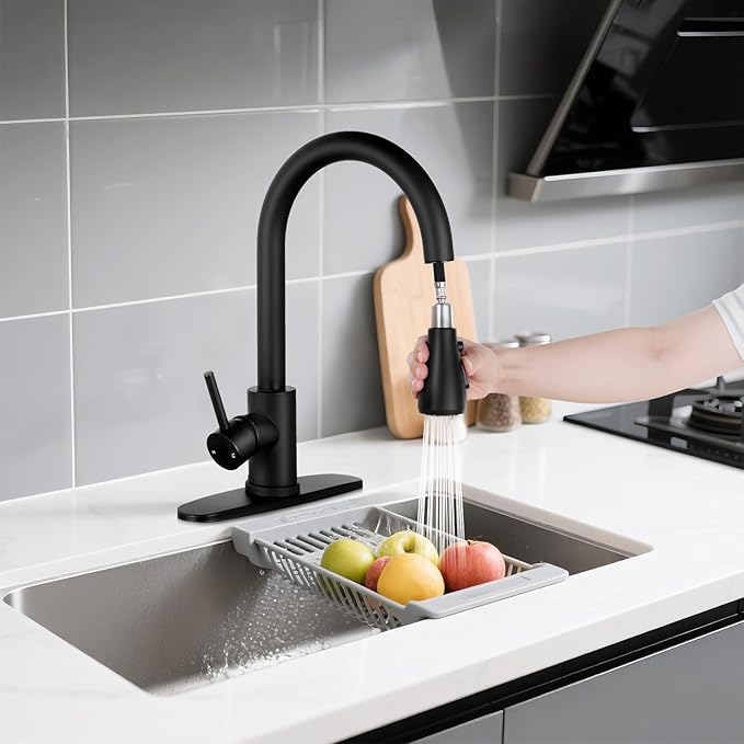 FGKQ Matte Black Kitchen Faucet with Pull Down Sprayer, Kitchen Sink Faucet with Sprayer and Deck, Commercial Faucet for Kitchen Sink, Single Handle, Suitable for RV/Bar Sink