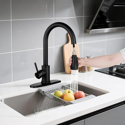 FGKQ Matte Black Kitchen Faucet with Pull Down Sprayer, Kitchen Sink Faucet with Sprayer and Deck, Commercial Faucet for Kitchen Sink, Single Handle, Suitable for RV/Bar Sink