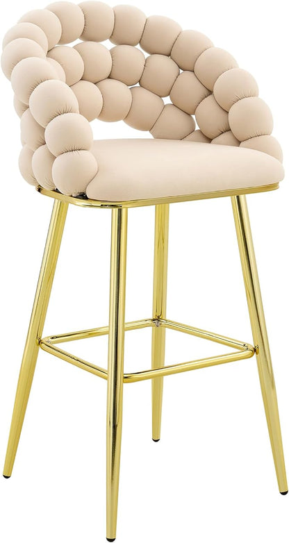 Set of 2 Beige Puffy Bubble Chair Ball Chain Chair Velvet Bar Stools with Gold Legs, Tufted Accent Bar Chairs for Kitchen Island Home Bar