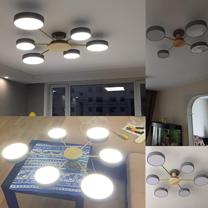3-Lights LED Ceiling Light Fixture,26 Inch Modern Ceiling Lights Flush Mount Wooden 24W Dimmable Chandelier for Living Room Bedroom Kitchen,3000K/4000K/6000K Grey