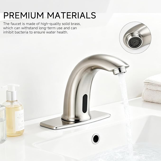 Touchless Bathroom Sink Faucet Automatic Motion Sensor Hands Free Faucet with Hole Cover Plate Water Valve,Commercial Solid Brass Faucet,1 Hole or 3 Hole,Brushed Nickel