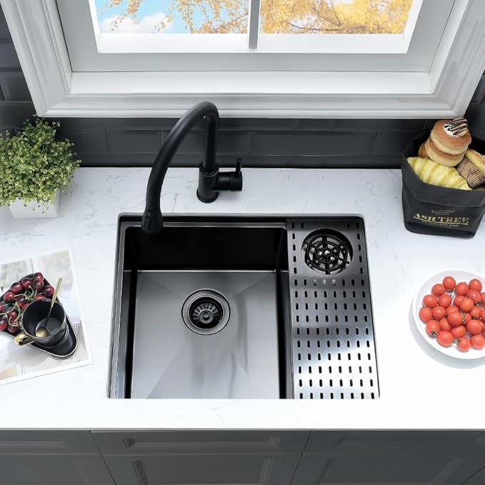 24 Inch Black Undermount Kitchen Sink with Glass Rinser-VASOYO 24x19 Black Kitchen Sink Undermount Workstation Wet Bar Sinks 16 Gauge Deep Single Bowl with Cup Washer