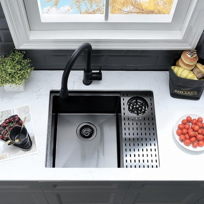 24 Inch Black Undermount Kitchen Sink with Glass Rinser-VASOYO 24x19 Black Kitchen Sink Undermount Workstation Wet Bar Sinks 16 Gauge Deep Single Bowl with Cup Washer