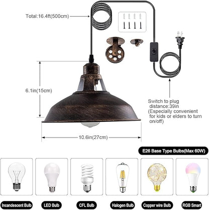 Plug in Pendant Light Industrial Pulley Pendant Lamp E26 Vintage Hanging Light Fixture With 16.4ft Cord On/Off Switch For Pool Table,Houseplant Grow lights,Kitchen Island,Sink 2 Pack Aged Bronze