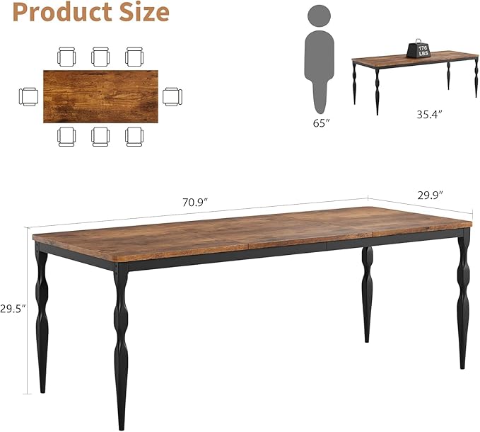 IDEALHOUSE 71 Inch Farmhouse Dining Table for 6-8 People, Rectangular Wood Kitchen Table with Heavy Duty Legs, Kitchen Dining Room Table for Dining Room Kitchen, Brown