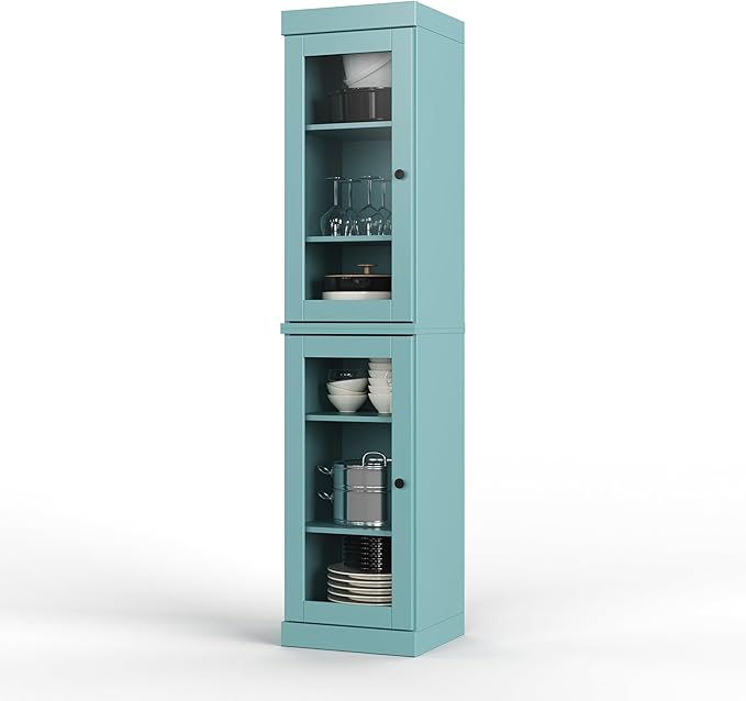 Palace Imports Solid Wood Kitchen Pantry Cabinet w/Glass Doors - Narrow Storage Cabinet - 16.5" Wide x 71.5" Tall - Aqua, Adjustable Shelves, 100% Eco-Friendly Wood, Modular Cabinets